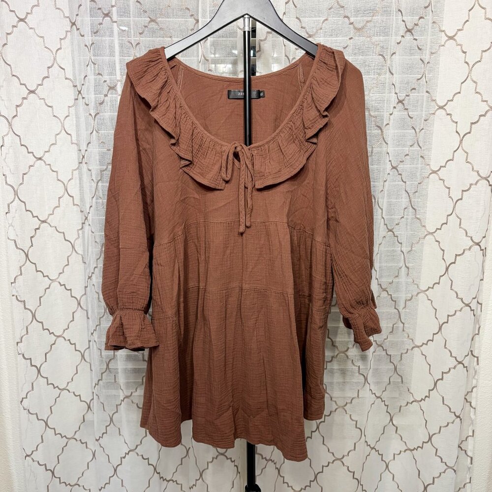 Zesica Brown Ruffle Neck Tiered Long Sleeve Dress Size L